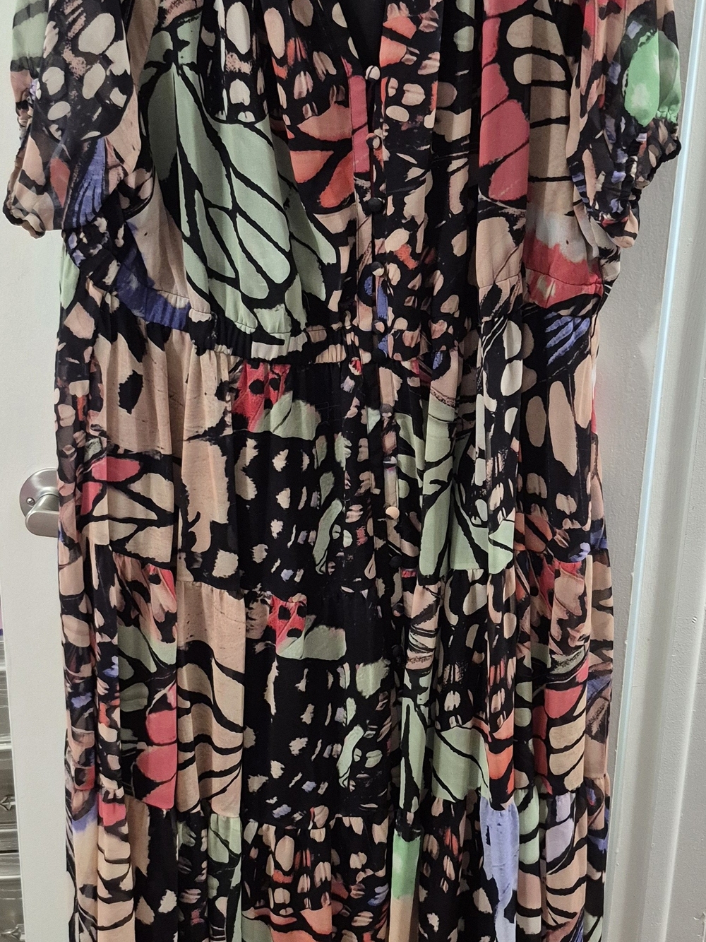 eshakti Multicolor Abstract Printed Maxi Dress in Black, Cream, Coral, Mint